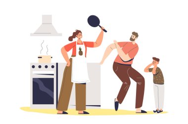 Kızgın eş ve anne baba ve çocuğa bağırıyor. Vahşi ev hanımı aile üyelerini azarlıyor.