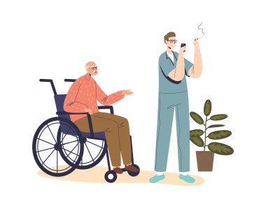 Erkek hemşire yaşlı hastayı sigara içerken görmezden geliyor. İş yerinde küstah ve kaba bir sağlık çalışanı.