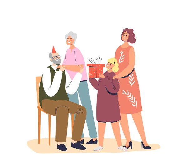 Saludo familiar abuelo feliz con cumpleaños. Esposa, hija y nieto dando regalo — Vector de stock