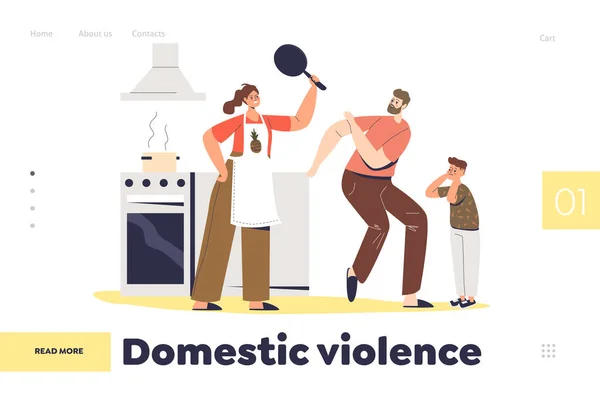 Domácí násilí koncept přistání stránky s rozzlobený manželka a matka křičí na tátu a dítě — Stockový vektor