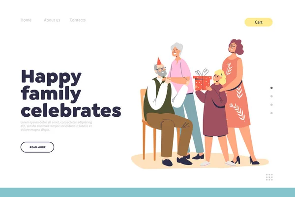 幸せな家族は誕生日で祖父を迎える親戚とランディングページの概念を祝う — ストックベクタ