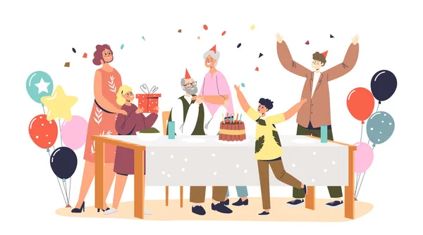 Fête d'anniversaire de grand-père avec une grande famille au dîner de vacances saluant heureux grand-père — Image vectorielle