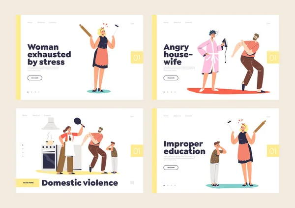 Domácí násilí, domácí děti obtěžování koncept souboru přistávací stránky s manželkou a manželem hádky — Stockový vektor