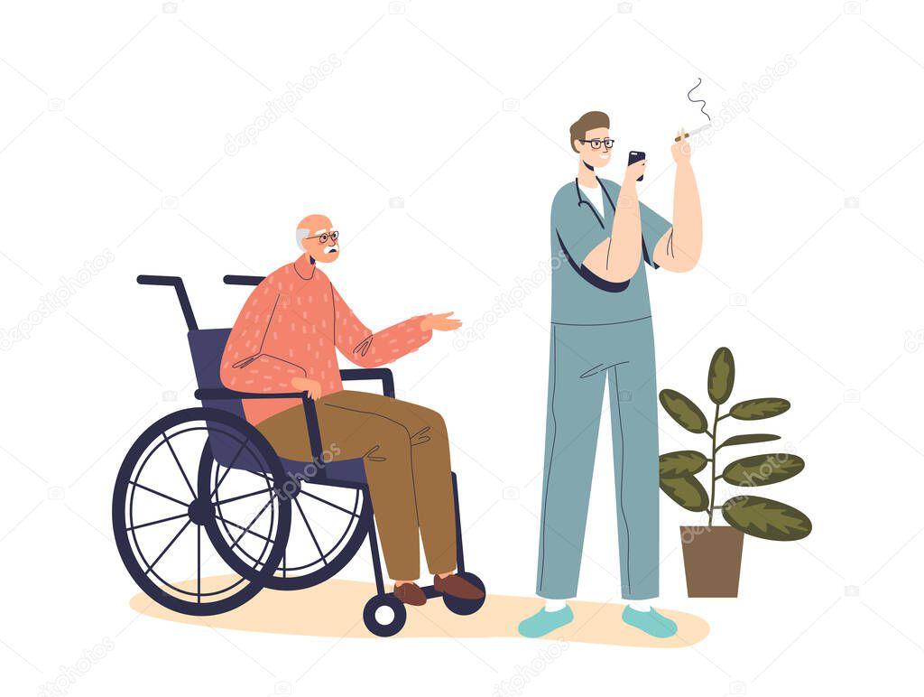 Male nurse ignore elder patient smoking. Arrogant and rude medical worker on workplace