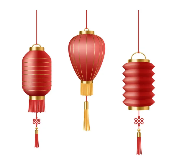 Čínské lucerny z červeného papíru. Čína Nový rok dekorace set. Realistické červené papírové lucerny — Stockový vektor