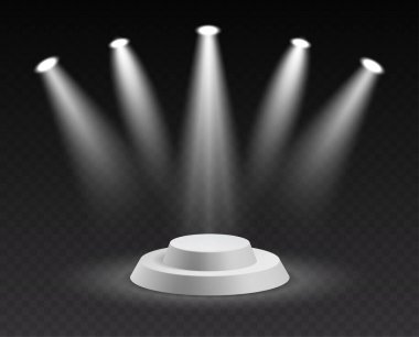 Sahne ışıkları altındaki kürsü karanlık arka planda izole edilmiş. Beyaz daire sütunları ya da sahne