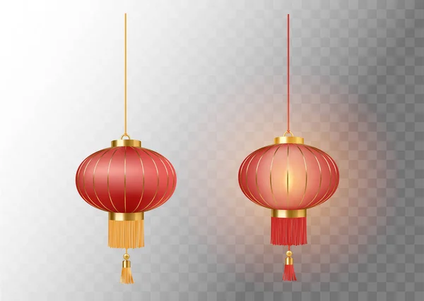 Slavnostní čínské červené lucerny nastavit šablonu. 3D symbol čínské kultury. Papírové lampy — Stockový vektor