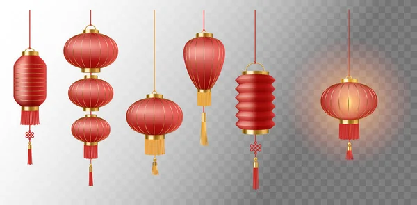 Ensemble de lanternes chinoises en papier, symbole de la célébration du Nouvel An oriental. Décor traditionnel en porcelaine — Image vectorielle