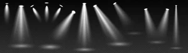 Conjunto de feixes de luz, holofotes palco modelo mockups no fundo preto. Iluminação de férias —  Vetores de Stock