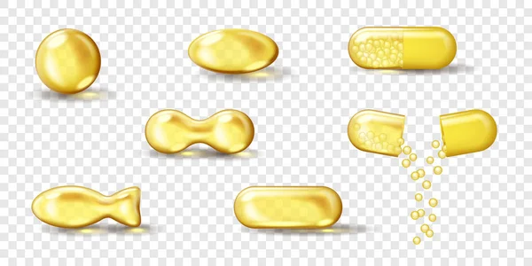 Conjunto de cápsulas de óleo dourado. Pílulas realistas de medicina brilhante com óleo de peixe amarelo dourado ou vitamina ômega 3 —  Vetores de Stock