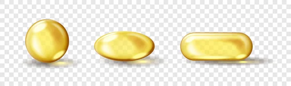 Conjunto de cápsulas douradas de óleo. Comprimido cosmético cápsula de vitamina E, A, óleo de amêndoa, Omega 3, peixe —  Vetores de Stock