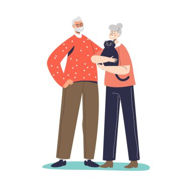 Sevimli yaşlı çift kedi tutuyor. Yaşlı adam ve kadın, ellerinde siyah kedi yavrusuyla evli.