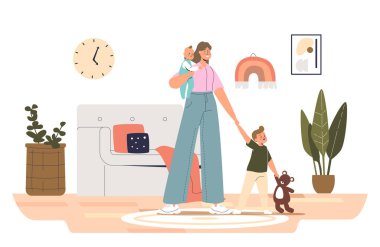 Evde çocuklu bir dadı. Küçük bir kız ve erkek çocuğu olan genç bir bebek bakıcısı