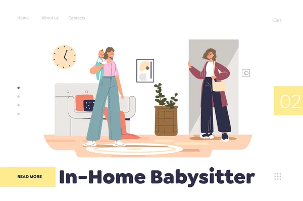 In-home concetto di babysitter di landing page con la madre ha lasciato i bambini con la giovane tata a casa — Vettoriale Stock