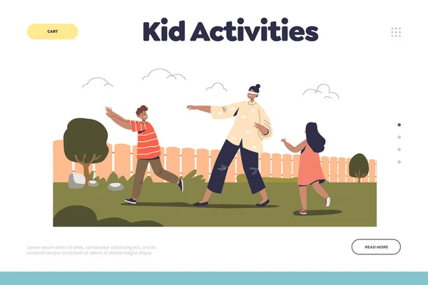 Kid concepto de actividades de landing page con niños jugando a juego con los ojos vendados al aire libre — Archivo Imágenes Vectoriales