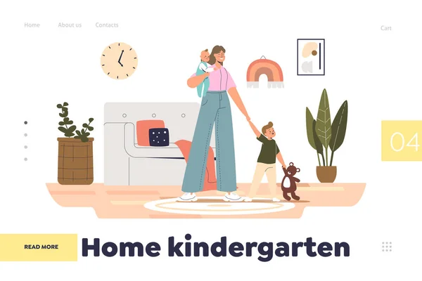 Home kindergarten concept of landing page with nanny babysitting small kids — Stock Vector