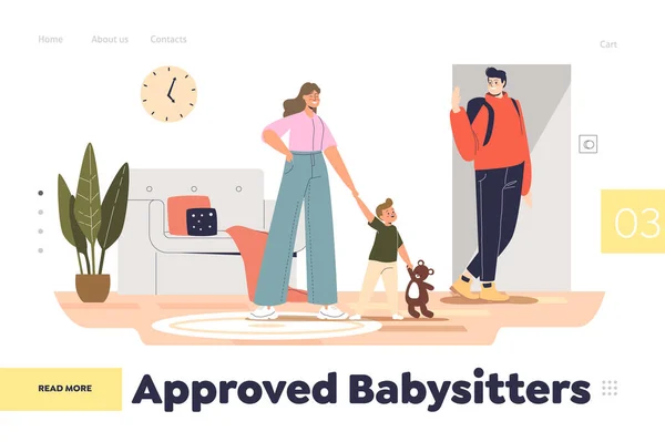 Approvato il concetto di babysitter di landing page con padre che lascia i bambini sulla giovane tata a casa — Vettoriale Stock