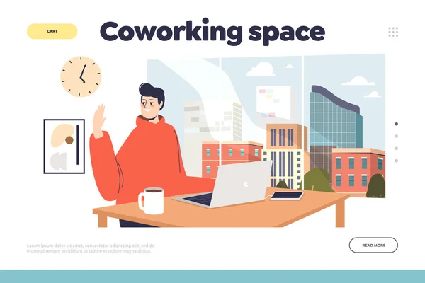 Coworking concetto di spazio di atterraggio con web designer o sviluppatore di lavoro sul computer portatile in ufficio aperto — Vettoriale Stock