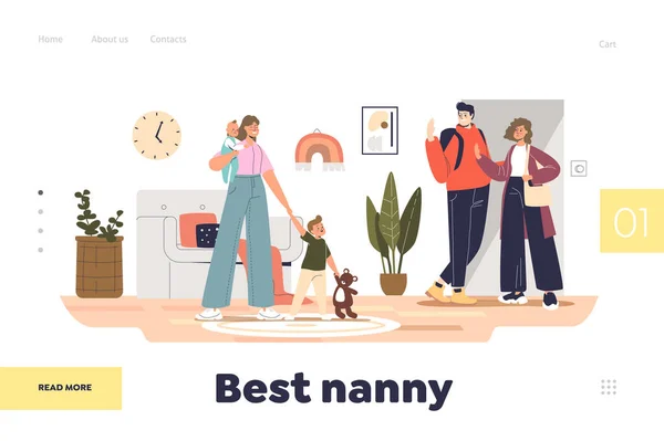 Miglior concetto di bambinaia di landing page con mamma e papà lasciando i bambini con casa babysitter femminile — Vettoriale Stock