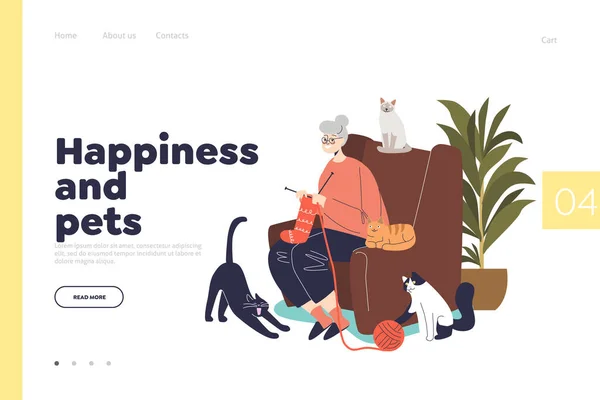 Ευτυχία και κατοικίδια ζώα έννοια της σελίδας προορισμού με τη γιαγιά πλέξιμο κάθονται σε ζεστή πολυθρόνα με γάτες — Διανυσματικό Αρχείο