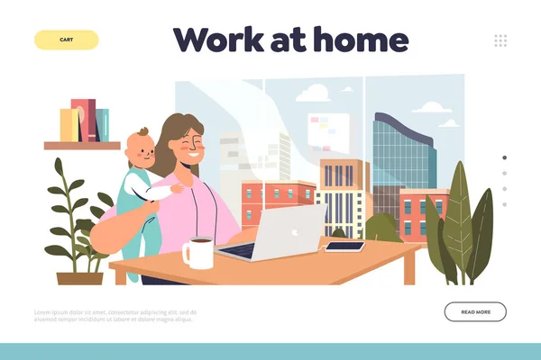 Werk thuis concept van landing page met jonge moeder zitten met baby op kantoor en laptop — Stockvector