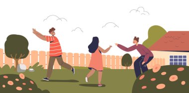 Mutlu çocuklar açık havada aktif oyunlar oynarlar. Küçük çocuklar, arkadaşlar arka bahçede birlikte eğleniyorlar.