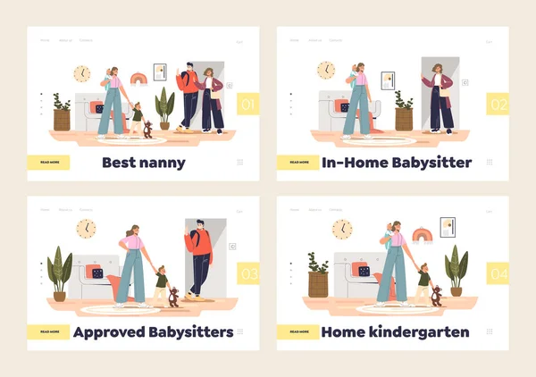 Babysitter service and home kindergarten concept of set of landing pages with nannys sitting kids — Stock Vector