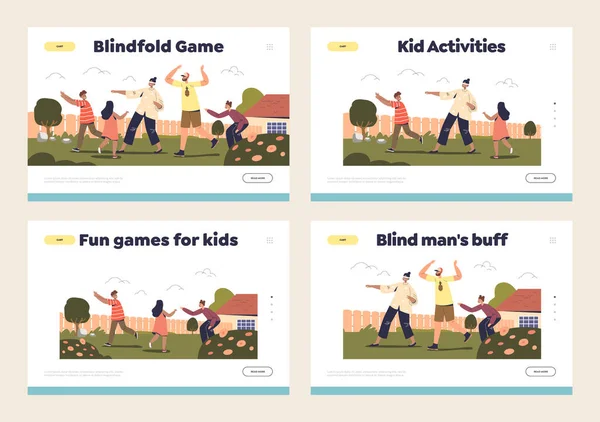 Aktivní zábavné rodinné hry venku koncept sady přistávacích stránek s dětmi a rodiči hrát — Stockový vektor