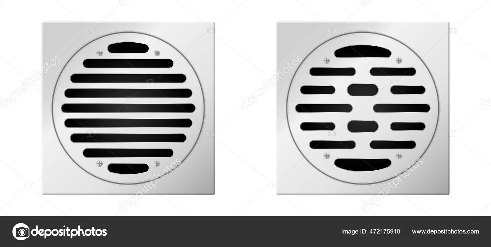Realistic square shower drainage holes with stainless grid covers isolated on white background