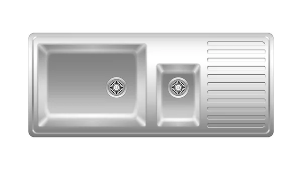 Évier moderne en acier inoxydable pour la cuisine du restaurant avec deux bassins d'eau, espace pour la vaisselle propre et égoutter — Image vectorielle