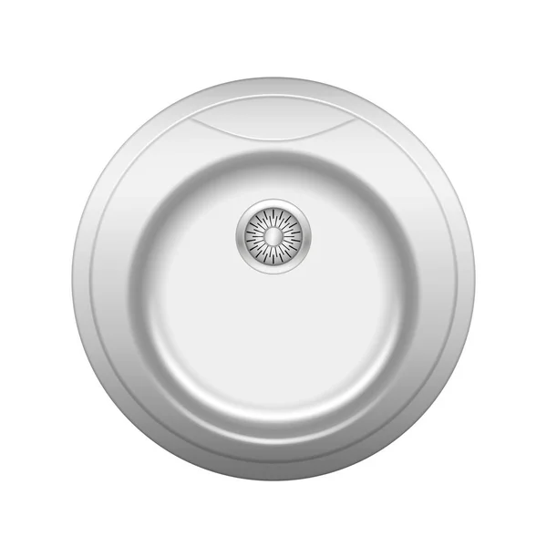 Évier de cuisine réaliste. Lavabo rond métallique en acier avec drain d'eau isolé sur fond blanc — Image vectorielle