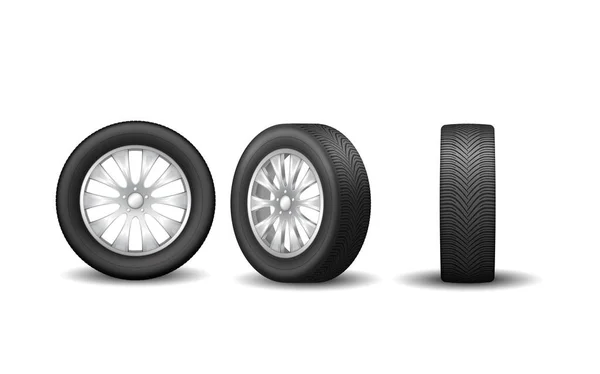 Автоматический набор колес обода, вид сбоку и спереди. Современные резиновые шины и диски из автомобильного сплава реалистичны — стоковый вектор