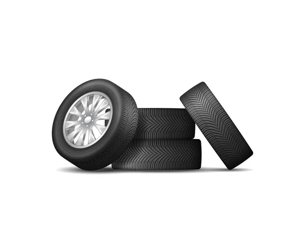 Pila di ruota auto realistica con nuove protezioni gomme in gomma icona isolata su sfondo bianco — Vettoriale Stock