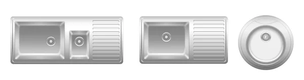Set o lavatórios de cozinha de metal inoxidável para restaurante e casa. Bacias de metal para lavar louça — Vetor de Stock
