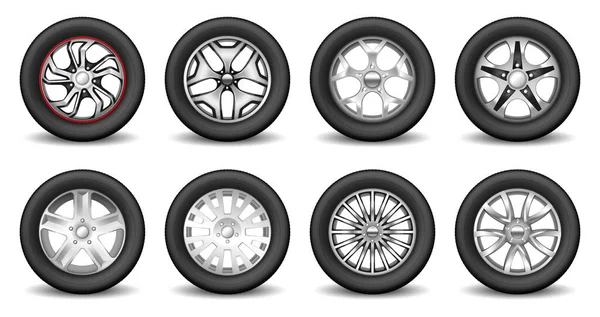 Grande set di ruote in gomma e disco in lega metallica cromata. Cerchi per pneumatici auto realistici per il web design — Vettoriale Stock