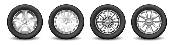 Uppsättning av bil fälg reservhjul med legering skivor och skyddande gummidäck. Transporthjul och inställning — Stock vektor