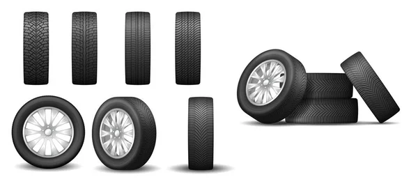 Set of track tires and rubber wheels for car isolated elements in realistic design — Stock Vector