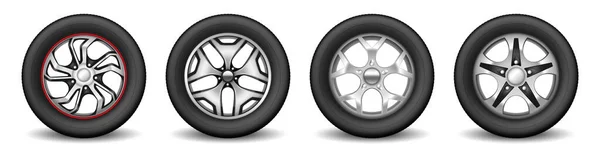 Jantes de carro com pneus de borracha e discos modernos cromados para proteção da roda do veículo —  Vetores de Stock