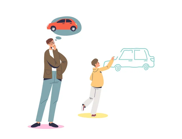 父と息子の車の夢。子供の絵を描く車を見てお父さん。男性と自動車の愛の概念 — ストックベクタ