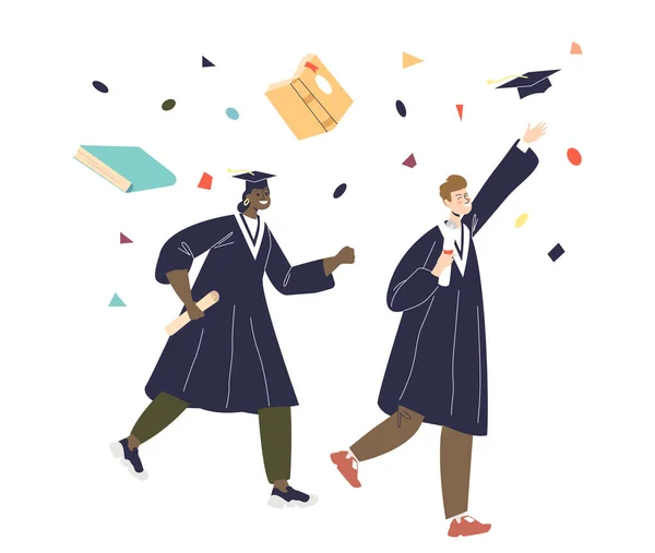 Ευτυχισμένο ζευγάρι μαθητών γιορτάζουν την αποφοίτηση βγάζοντας καπέλα. Χαρούμενος απόφοιτος, άντρας και γυναίκα. — Διανυσματικό Αρχείο