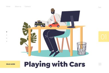 İş yerinde erkek yarış arabası modelleriyle araba konseptiyle oynamak