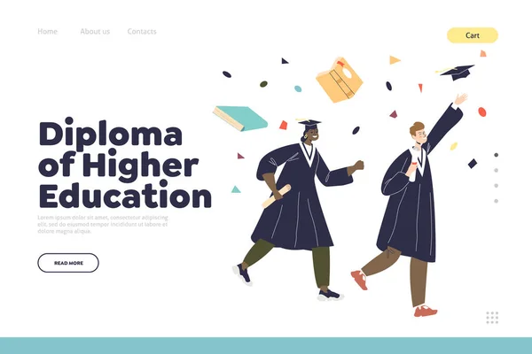 Diploma de conceito de ensino superior de landing page com estudantes diversos felizes celebrar a formatura — Vetor de Stock