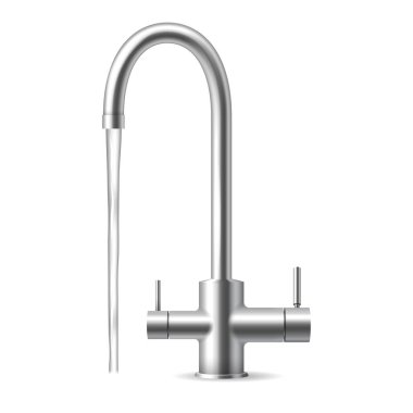 Düşen suyu olan metal musluk beyaz arka planda izole edilmiş. Su spreyli gerçekçi krom musluk.