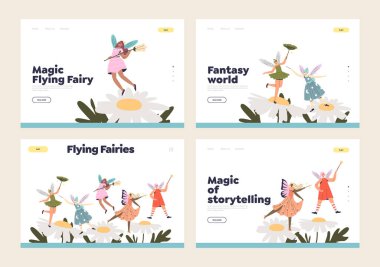 Sihirli uçan periler, çizgi film kızları, elfler ve orman perileriyle dolu iniş sayfaları.