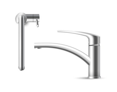 Metal musluk beyaz arkaplanda izole edildi. Lavabo ya da banyo borusu için gerçekçi krom lavabo musluğu.