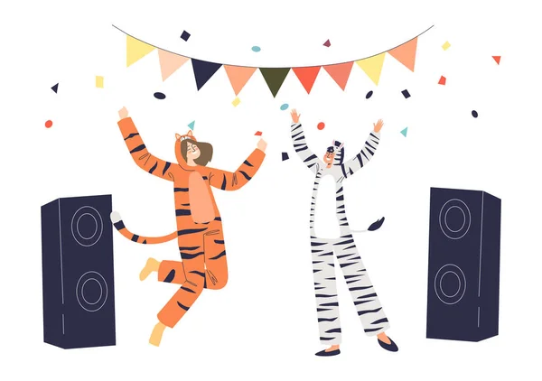 Alegre hombre y mujer vestidos con tigre y cebra kigurumi mono danza en pijama durante la noche fiesta — Vector de stock