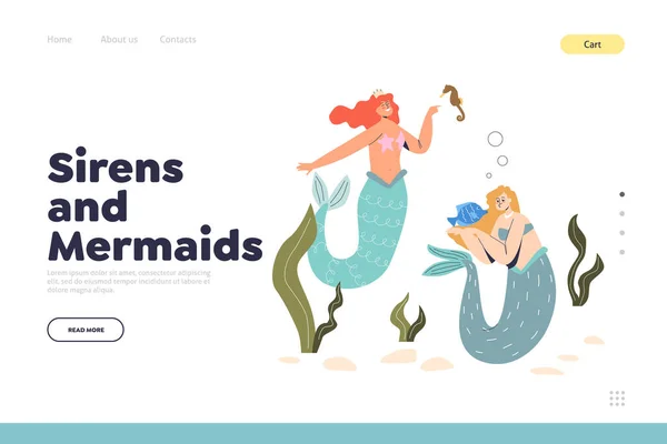 Sirene e sirene concetto di landing page con ninfe d'acqua con code di pesce sott'acqua — Vettoriale Stock