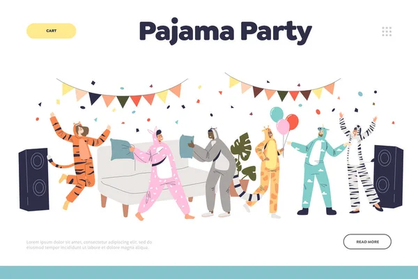 Pajama Party концепція посадки сторінки з кумедними людьми, одягненими в кігурумі тварин танцюють разом — стоковий вектор