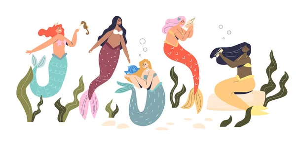 Grupo de sereias bonitas, princesas subaquáticas misteriosas com cabelos longos coloridos e cauda de peixe —  Vetores de Stock