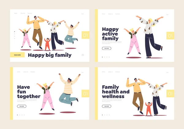 Neşeli ailelerin ve zıplayan çocukların olduğu tasasız aile hayatı konseptin kutlu olsun. — Stok Vektör